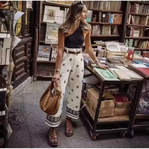 Commense Patterned Cropped Pants Bohemian Style Wide Leg Trousers size S - Picture 1 of 10